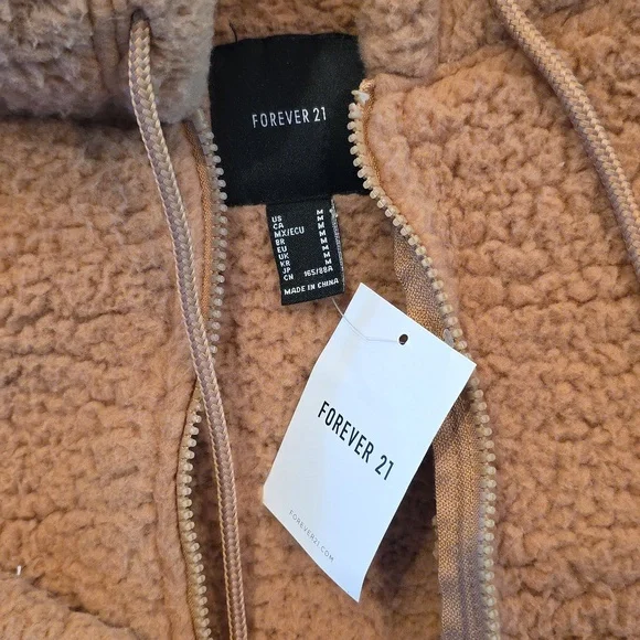 Forever 21 Warm Brown Sherpa Full Zip Hooded Jacket New - Picture 2 of 3